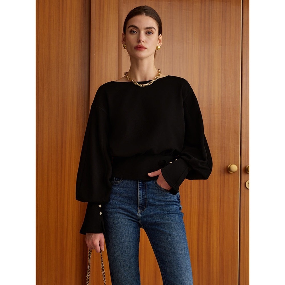 Commense Elegant Black Balloon Sleeve Top Gold Button Cuff Blouse Stylish XS